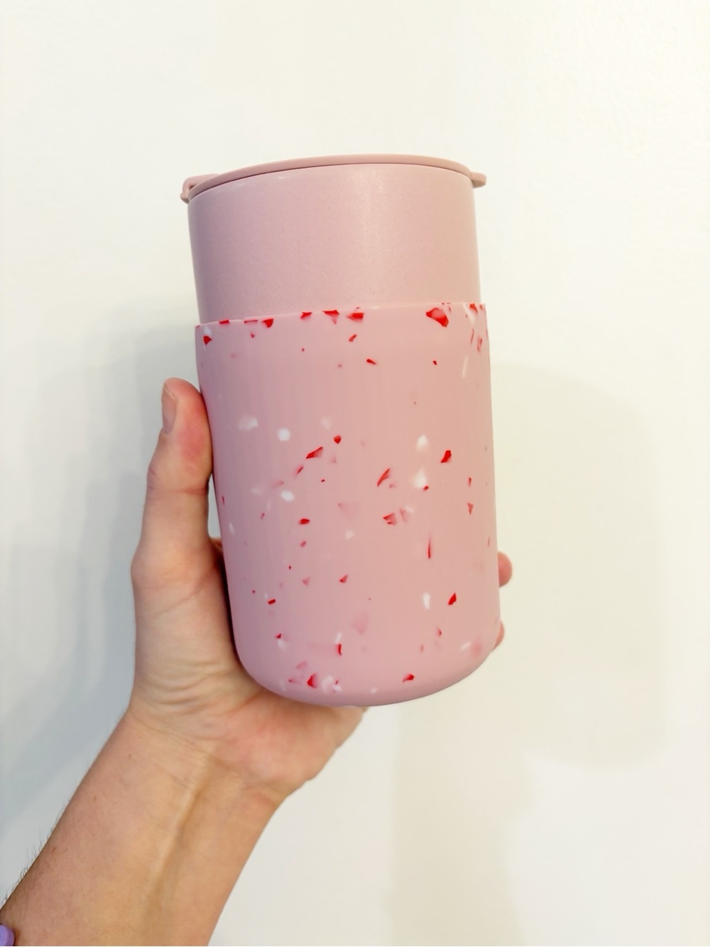Cute Pink To-go coffee mug with lid and silicone sleeve